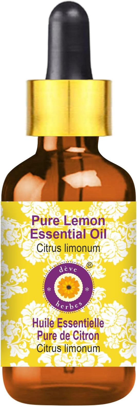 dève herbes Lemon Essential Oil (Citrus limonum) with Glass Dropper | Pure | Non-Sticky | Non-Greasy | Lightweight | Men & Women | All Skin Types | Steam Distilled 5ml (0.16 oz)