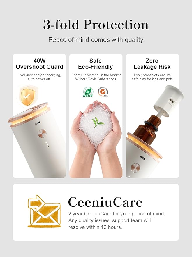 Ceeniu waterless diffusers for Home, Ultrasonic Atomization, Quiet Design, 1000 sq. ft Coverage, Small Diffuser for Large Space, Auto Off, Essential Oil diffuer air fresheners