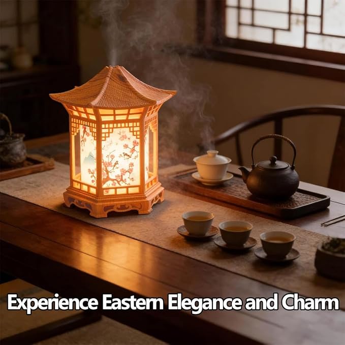 Zen Pavilion Lantern Aroma Diffuser & Night Light, 160ml Essential Oil Diffuser with 2 Mist Modes, USB Direct Charging Japanese Style Zen Garden Humidifier for Meditation, Yoga and Sleep (2pcs Black)