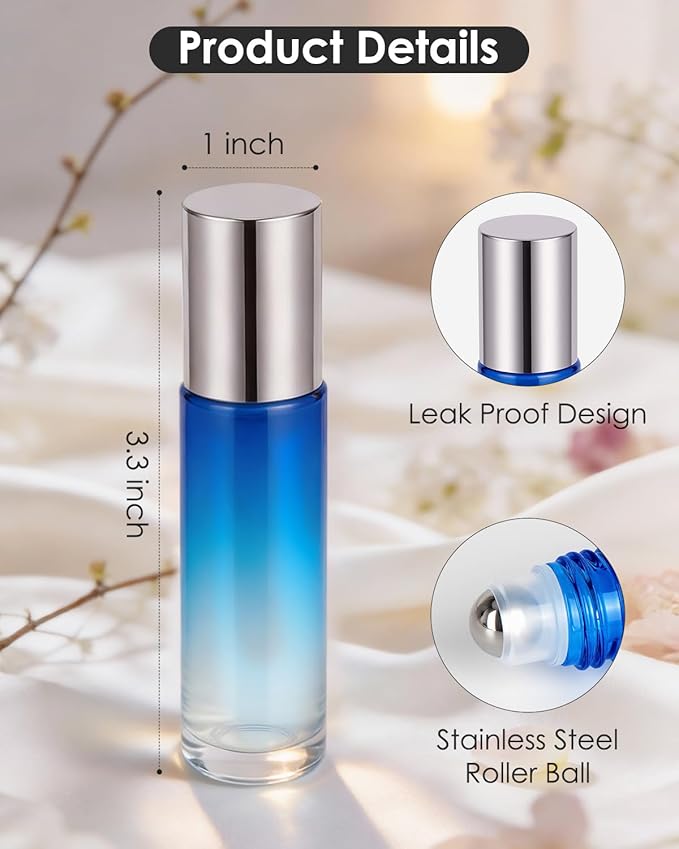 Worldgsb 25 Pack Essential Oil Roller Bottles, 10ml Refillable Glass Roller Bottles with Stainless Steel Roller Balls and Caps for Travel, Perfume and Lip Gloss Blue-Red Gradient