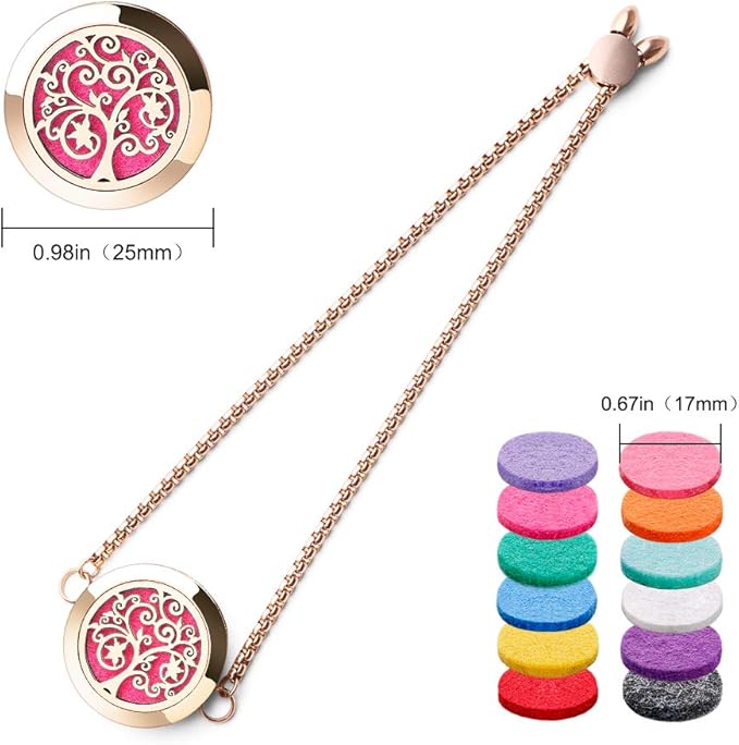 ttstar Essential Oil Diffuser Bracelet Stainless Steel Aromatherapy Locket Adjustable Bracelet Set with 24 Refill Pads in 12 Assorted Colors, Gifts Set for Women(Rose Gold)