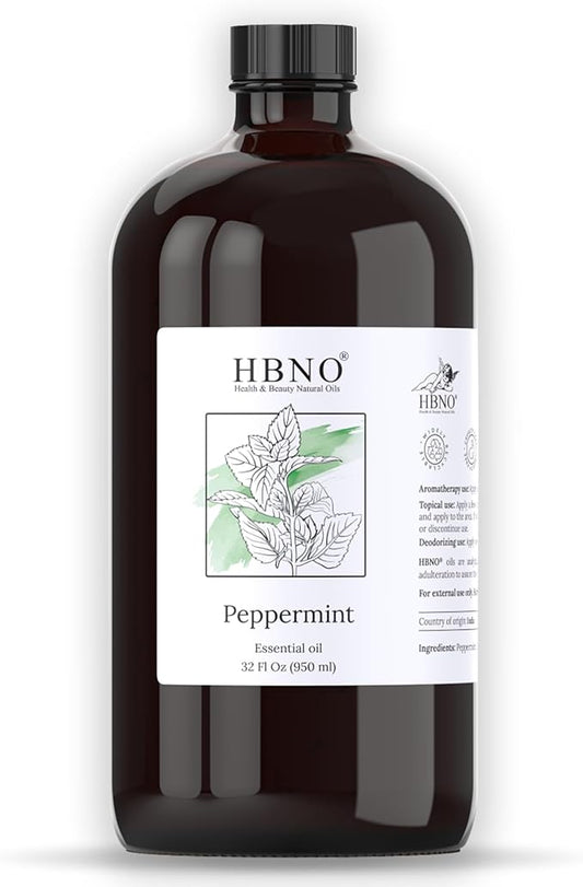 HBNO Peppermint Essential Oil - Huge 32 oz (950ml) Large Size - Ideal for Diffusers, Cleaning Agents, Deodorizers, and Flavoring Agents.