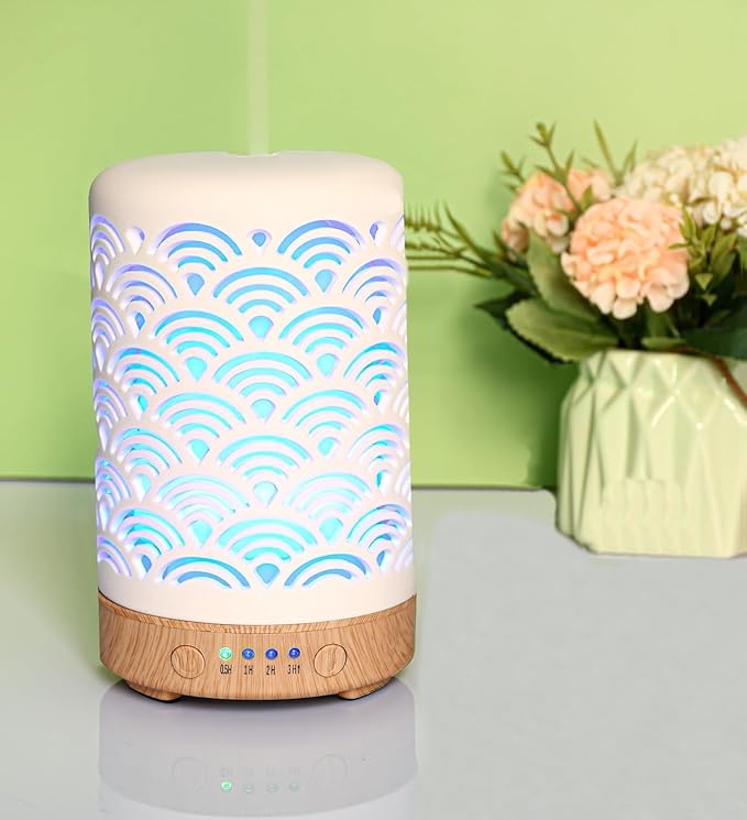 Essential Oil Diffuser White Ceramic Diffuser 100 ml Timers Night Lights and Auto Off Function Home Office Humidifier Aromatherapy Diffusers for Essential Oils
