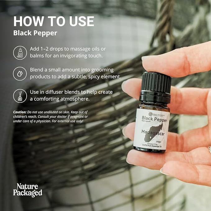 Black Pepper Essential Oil - Direct from Madagascar Farms - Steam Distilled - Aceite Pimienta Negra for Aromatherapy, Massage, Diffuser, DIY Candle and Soap Making - 8oz