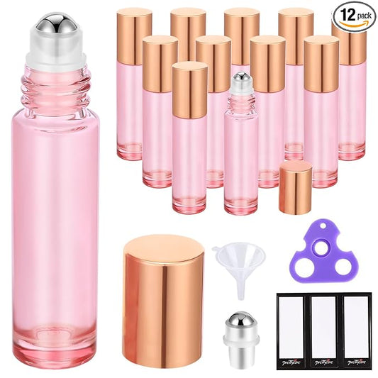 PrettyCare 12 Pack, 10 ml Essential Oil Roller Bottles with Stainless Steel Roller Ball - Refillable Leak-proof Empty Thick Pink Glass Roll on Bottles with Metal Caps for Travel, Perfume