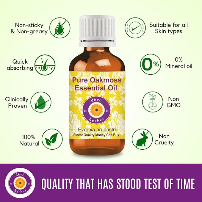 dève herbes Oakmoss Essential Oil (Evernia prunastri) Pure | Non-Sticky | Non-Greasy | Lightweight | Men & Women | All Skin Types | Steam Distilled 100ml (3.38 oz)
