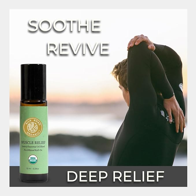 Silk Road Organic Muscle Relief Essential Oil Blend Roll On for Muscle Aches & Stiff Joints | USDA Certified Aromatherapy with Peppermint & Ginger - 10 ml Roller