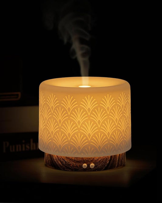 Essential Oil Diffuser -280ml Ceramic Diffuser for Large Room&Commercial Use, 2.4MHz Cool Mist Humidifier & Independent Decorative Light & Aromatherapy Diffuser, Pulse&Continuous Mist, Timer, Auto-Off