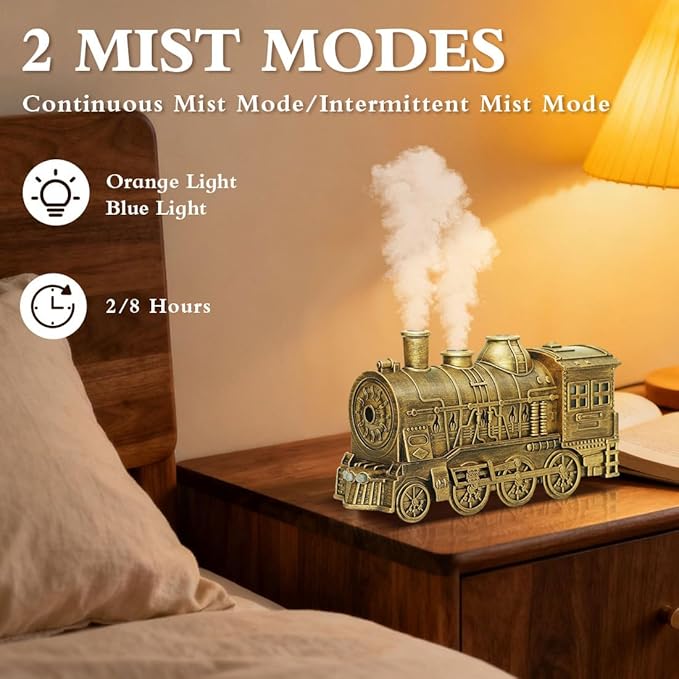 Vintage Steam Train Essential Oil Diffuser, 300ml Retro Train Quiet Aromatherapy Diffuser and Humidifier with Dual Color LED Light & 2 Mist Modes, Creative Home Decor & Gifts