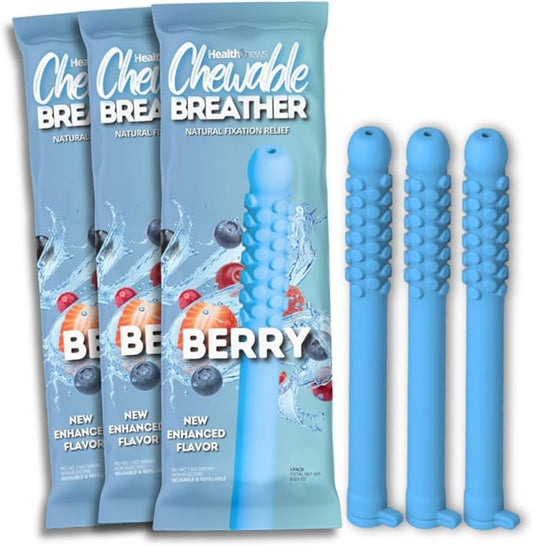 Smokeless Inhaler 3 Pack, Flex Chewable-Breather, Aromatherapy Breathing Tool with Refill Cores, Portable Fresh Air Diffuser for Habit Replacement, Wellness Quit Smoking (Berry - 3 Pack)