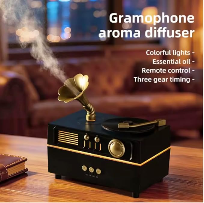 5 in 1 Diffuser Humidifier 200 ml, Bluetooth Speaker, 6 LED Light, Timer, Gramaphone & Vinyl Rotation Retro Design. Electric Powered, Remote Control, Rotation Mist Spray Aromatherapy