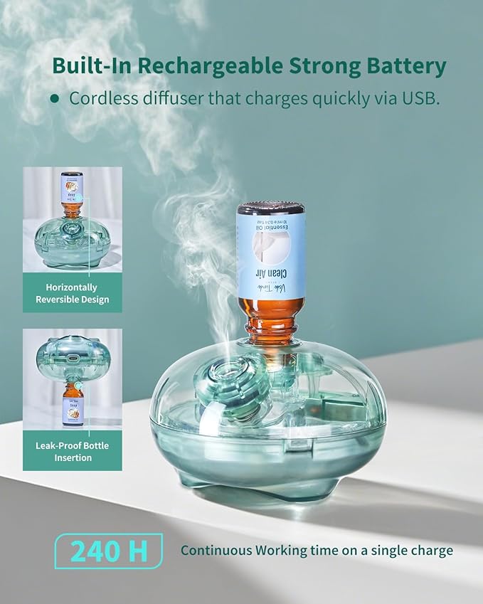 Waterless Essential Oil Diffuser, Upgraded Cordless Rechargeable, Aromatherapy Scent Air Machine, Portable Nebulising Diffuser for Home, Bedroom, Bathroom, Room, Office, Car