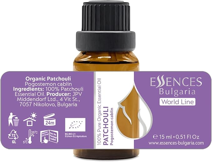 Essences Bulgaria Organic Patchouli Essential Oil 0.51 Fl Oz 15ml Pogostemon cablin - 100% Pure Natural Undiluted Therapeutic Grade for Aromatherapy Diffuser Sauna, DIY Perfume, Soap and Candle Making