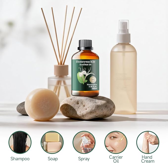 Honeysuckle Essential Oil, Mumianhua Pure Honeysuckle Scent Oil, for Soothing, Reed Diffuser & Romantic Perfume, Calming Floral Aroma for Pillow Mist & DIY, Candle Making 3.38 Fl Oz