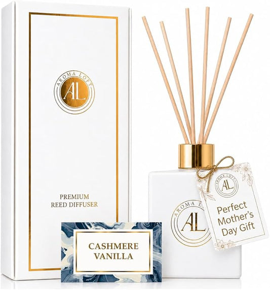 White Reed Diffusers Sticks in Oil Set with Cashmere Vanilla Scent | Long-Lasting Reed Diffusers for Home, Office, Bathroom, & Bedroom Decor Fragrance Diffuser | White Diffuser | (5 oz)