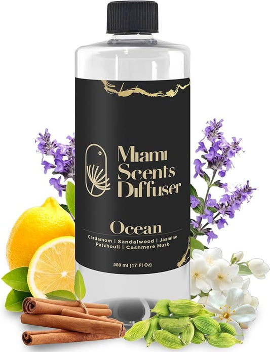 Ocean Whisper Essential Oil Refill Luxury Hotel Inspired, Long Lasting Aroma for Home Office Diffuser, 500ml Fresh Blend of Sandalwood, Cardamom, Patchouli and Jasmine Scent for Wellness Aromatherapy.