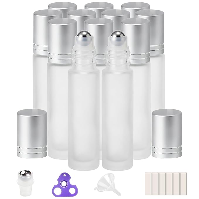 PrettyCare 12 Pack, 10 ml Essential Oil Roller Bottles with Stainless Steel Roller Ball - Refillable Leak-proof Empty Thick Frosted Glass Roll on Bottles with Silver Caps for Travel, Perfume