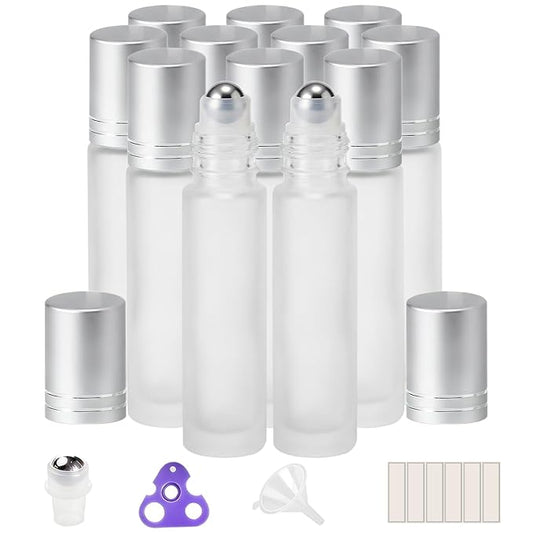 PrettyCare 12 Pack, 10 ml Essential Oil Roller Bottles with Stainless Steel Roller Ball - Refillable Leak-proof Empty Thick Frosted Glass Roll on Bottles with Silver Caps for Travel, Perfume