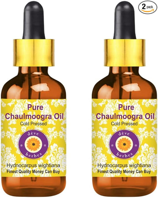 Deve Herbes Chaulmoogra Oil (Hydnocarpus wightiana) with Glass Dropper | Cold Pressed | Pure | for Diluting Essential Oils | Skin & Massage | Non-Sticky | Lightweight | Unisex | 30ml X 2 (2 oz)