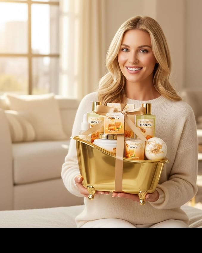 Mothers Day Birthday Spa Gifts for Women, 8pcs Honey Almond Bath Gift Set for Women, Spa Gift Basket for Women & Men, Home Spa Gift Set, Self-Care Spa, Birthday, Christmas, Mother Day, Anniversary