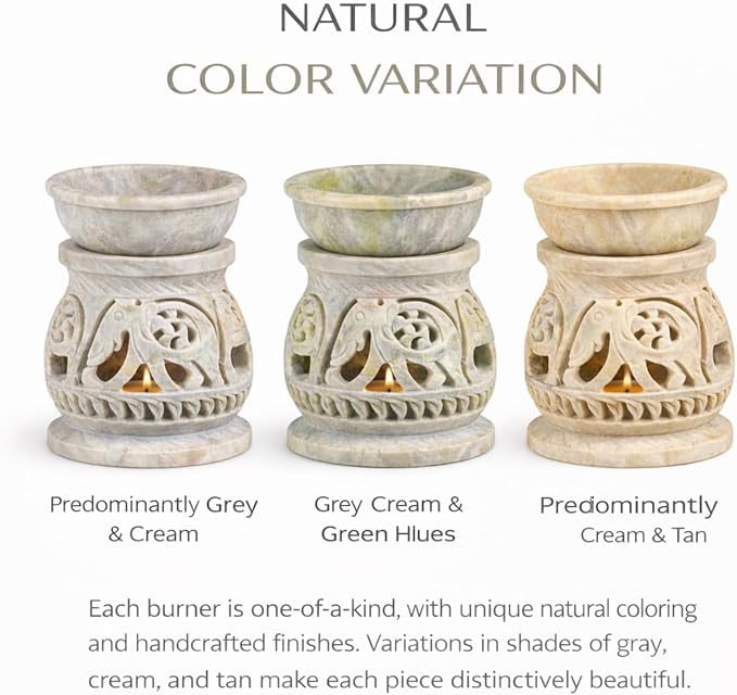 Marble Soapstone Candle Aroma Burner | Oil Diffuser | Tea Light Holder | Wax Burner- Handmade Elephant Carving for Gifting. Decorative Home and Office Decor.