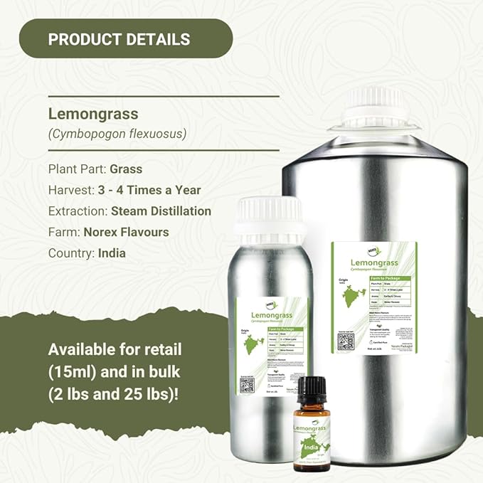 Lemongrass Essential Oil - Natural Aceite de Hierba Limón from Norex Flavours India - Lemongrass Essential Oils for Hair, Aromatherapy and Massage (2lbs)