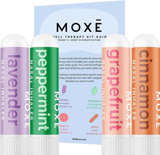 MOXĒ Smell Training Kit, Made in USA, Scent Diversification, 4 Essential Oil Fragrances, Olfactory Regeneration, Smell Expansion, Natural Therapy for Smell Loss, Includes Guidebook & Log (Phase 2)