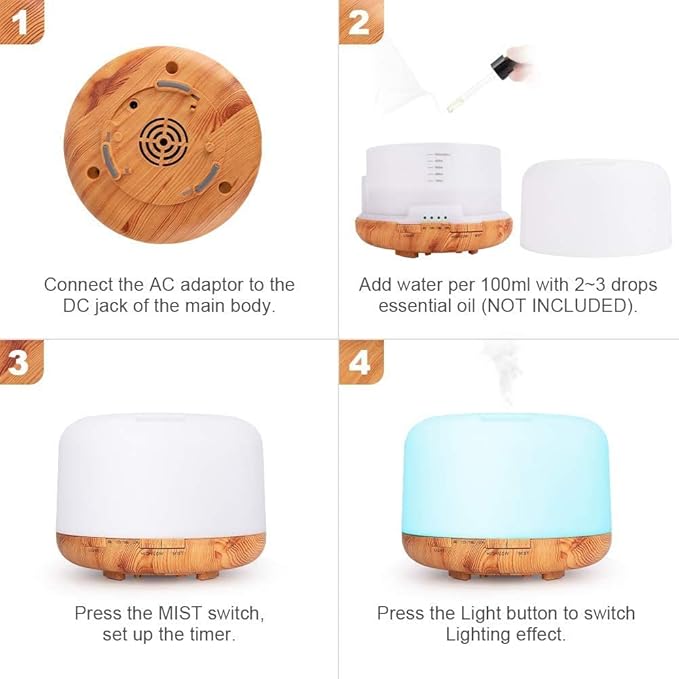 MADETEC Aromatherapy Essential Oil Diffuser Humidifier, 500ML Ultrasonic Cool Air Mist Humidifier with Remote Control, Auto Shut-off, Timers Setting for Baby Bedroom Home Office Room