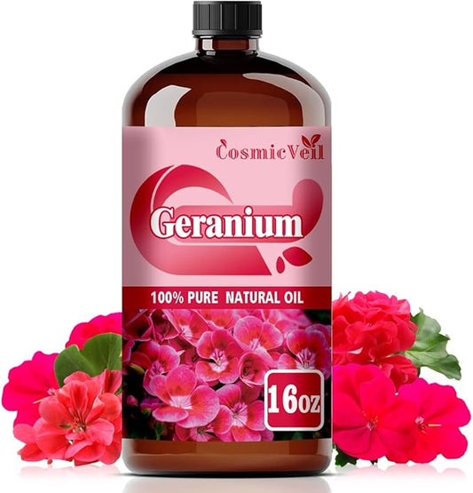 Geranium Essential Oil Geranium Oil for Aroma Diffuser,Humidifier,Home Fragrance,Cleaning,Body Care,Massage,Yoga,DIY Candle,DIY Soap CosmicVeil（Geranium，16 Fl Oz (Pack of 1)）