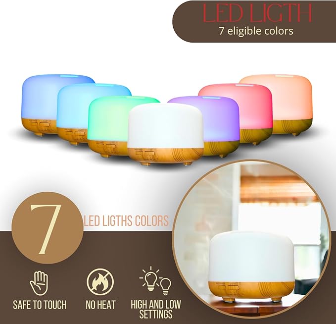 Mystic Romance Essential Oil Diffuser, 300ml Aromatherapy Humidifer and Nigth Ligth for Relaxing Atmosphere in Home Office Yoga and Spa, for Everyone, Auto-Off Safety Switch. Light Wood