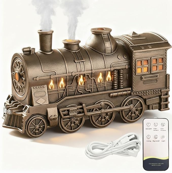Train Diffuser, 300ml Vintage Steam Train Essential Oil Diffuser, 2 Color LED Dual Mist Modes Christmas Train Air Diffuser Aromatherapy Humidifier with Remote Control, 2/8 Hours Auto Shut-Off