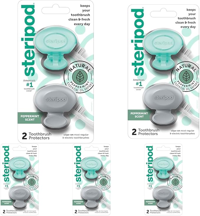 Steripod Clip-On Toothbrush Protector with Peppermint Essential Oils, Keeps Toothbrush Fresh and Clean, Travel Accessories, Fits Most Manual and Electric Toothbrushes, 2 Count (Pack of 5)