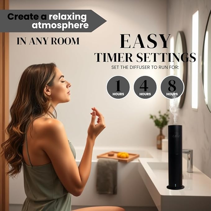 Aroma Scent Diffuser Starter Kit for Up to 1000SQ. FT. Coverage - 120ML Waterless Essential Oil Scent Included - Luxury Aroma Diffuser Ideal for Home, Office & Hotel (Black, Divine Allure)