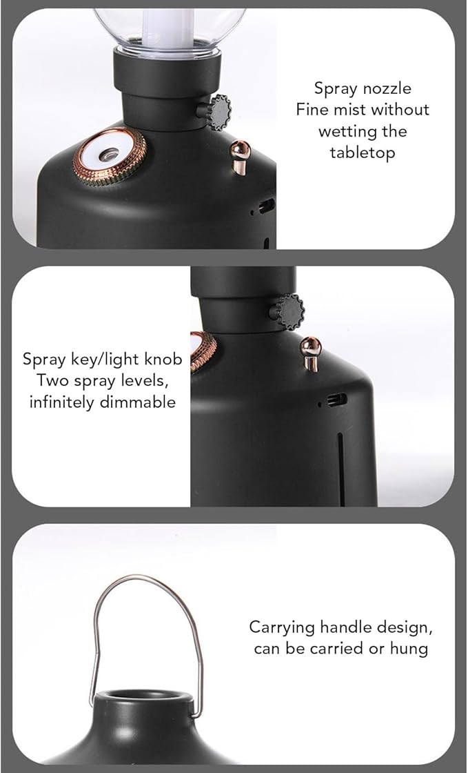 Vintage Humidifier, Essential Oil Diffuser, USB Rechargeable, Portable Lamp Humidifier, for Home Bedroom Camping (Black)