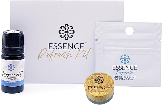 Essence Refresh Kit | Solid Scents Essential Oils | Aromatherapy Nasal Diffuser | Personal Scent Clip for Travel, Work & Everyday Use | Made in USA | Peppermint | Bamboo/Glass Pod