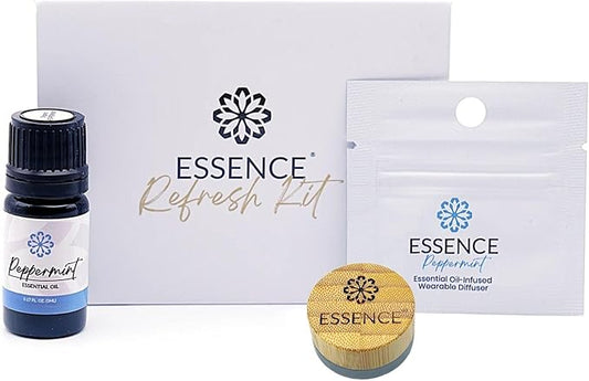 Essence Refresh Kit | Solid Scents Essential Oils | Aromatherapy Nasal Diffuser | Personal Scent Clip for Travel, Work & Everyday Use | Made in USA | Peppermint | Bamboo/Glass Pod