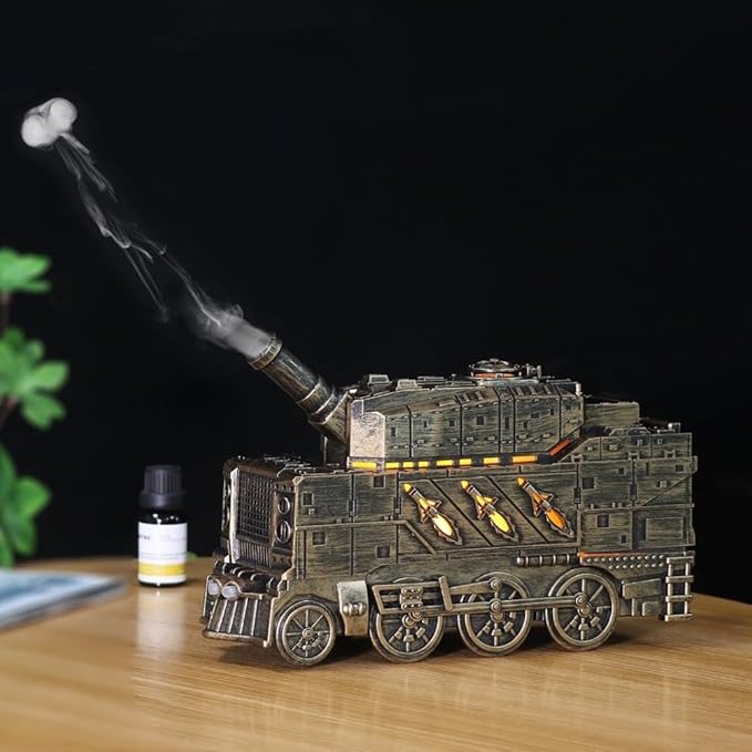 Essential Oil Diffuser, Tank Diffuser 300ML Essential Oil Diffuser, Flame Effect Cool Mist Humidifier, 2 Spray Modes, Retro Train-Shaped Aroma Diffuser for Home,Bedroom,Office,Yoga(Bronze)