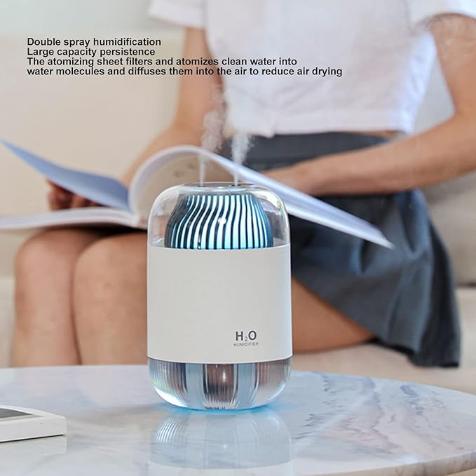 1000ml Mini Humidifier,Low Noise Aroma Air Diffuser Humidifier with Double Spray Night Light USB Design,Desktop Mute Air Purification Cool Mist Humidifier for Home Bedroom Office(White)