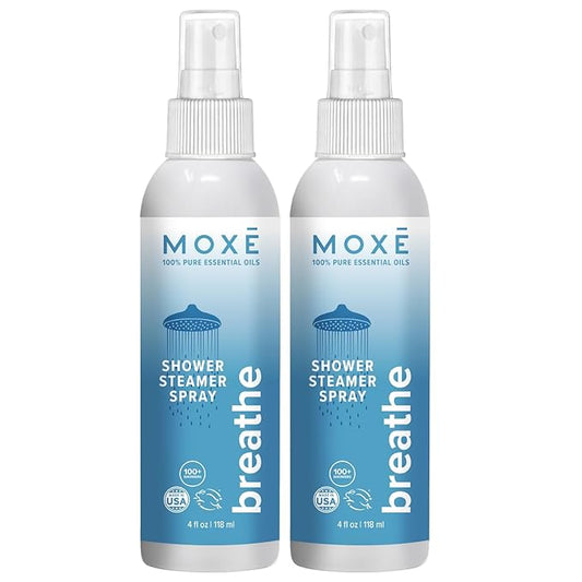 MOXE Shower Mist, Spa Steam Spray, Certified Natural Essential Oils, Aromatherapy, Tension Relief (Breathe, 4 Fl Oz (Pack of 2))