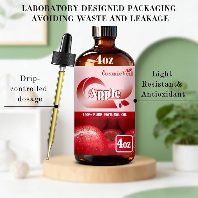 Apple Fresh Essential Oil Apple Oil for Aroma Diffuser,Humidifier,Home Fragrance,Cleaning,Body Care,Massage,Yoga,DIY Candle,DIY Soap CosmicVeil（Apple Fresh，4 Fl Oz (Pack of 1)）