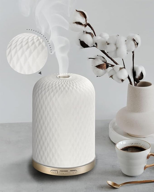 Onaboviva Essential Oil Diffuser - 2.4MHz Ultrasonic Ceramic Diffuser for Home, 120ml, Pulse&Continuous Mist, Bright/Dim/Breathing Lighting, Waterless Auto-Off, Aromatherapy Diffuser with USB Cable