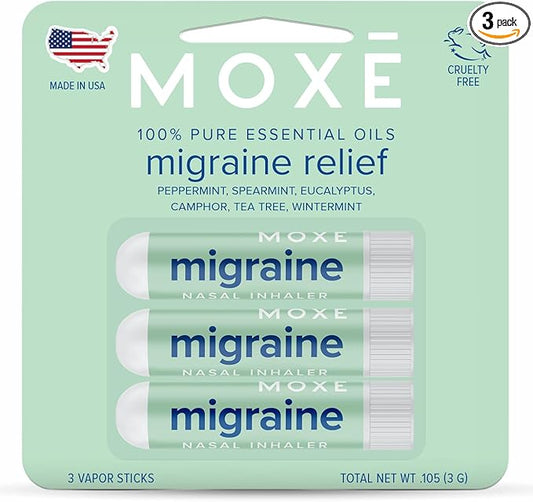 MOXE Migraine Relief Nasal Inhalers, Essential Oils for Headaches & Tension Relief, Portable Aromatherapy, Easy-to-Use, Pure & Undiluted, Peppermint, Spearmint, Eucalyptus, Tea Tree, USA Made, 3 Pack