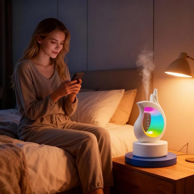 3-in-1 Bedroom Raindrop Humidifier with Bluetooth Speaker & Aroma Diffuser, 7-Color Night Light, Desktop Spray Humidifier with Anti-Gravity Water Droplet Effect – Perfect for Bedroom, Home, and Office