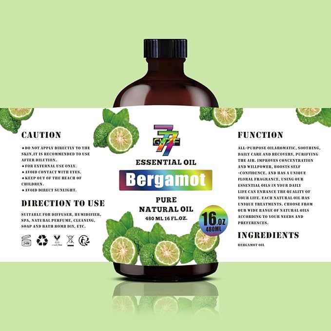 Bergamot Essential Oil - GV77ZF Bergamot Oils for Diffusers, Humidifiers, DIY Candles, Soap, Cleaning, Home, Office, Yoga, Massage, Gifts - 16 fl oz (480 ml)