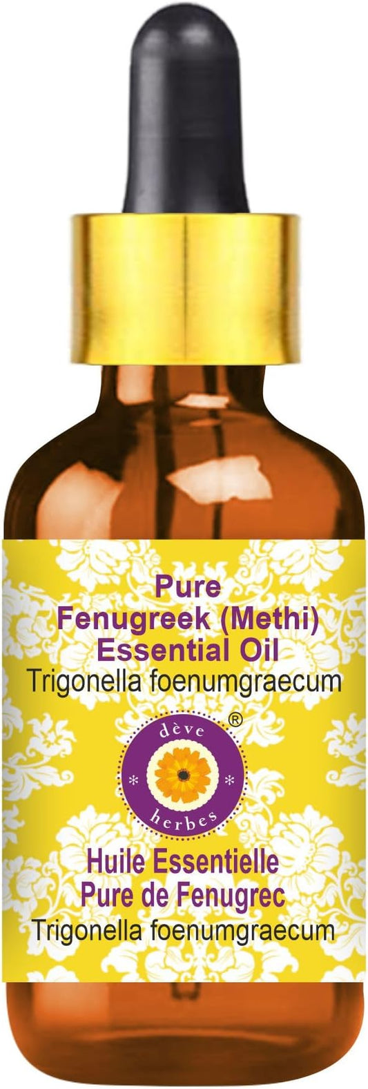Deve Herbes Pure Fenugreek (Methi) Essential Oil (Trigonella foenumgraecum) with Glass Dropper Steam Distilled 10ml (0.33 oz)