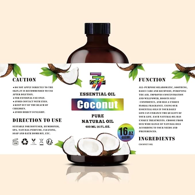 Coconut Essential Oil - GV77ZF Coconut Oils for Diffusers, Humidifiers, DIY Candles, Soap, Cleaning, Home, Office, Yoga, Massage, Gifts - 16 fl oz (480 ml)