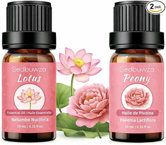Sedbuwza Peony Lotus Essential Oil Set, Peony Fragrance Oil Lotus Scent Oil Set for Diffuser, Aromatherapy, Massage, Soap, Candle Making 2 x 10 ml