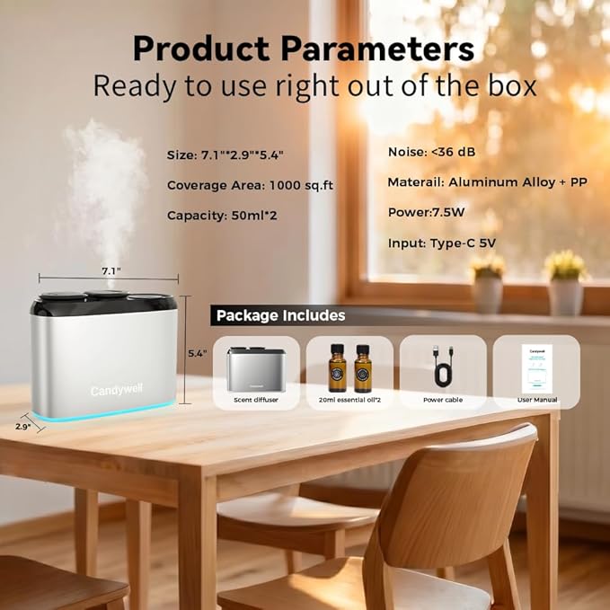 Smart Essential Oil Diffuser with Dual Nozzle & App Control, Waterless Diffuser for 1500 Sq Ft, with 4 Timer & 4 Mist Levels, Hotel Scent Diffuser for Home & Office