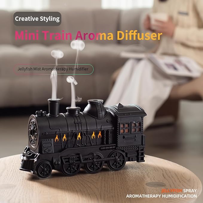 Vintage Steam Train Essential Oil Diffuser 300ml, Retro Train Flame Aromatherapy Humidifier with Dual-Color LED Light, Two Mist Modes, Auto Shut-Off & Quiet Operation, Large Room Diffuser Home Decor