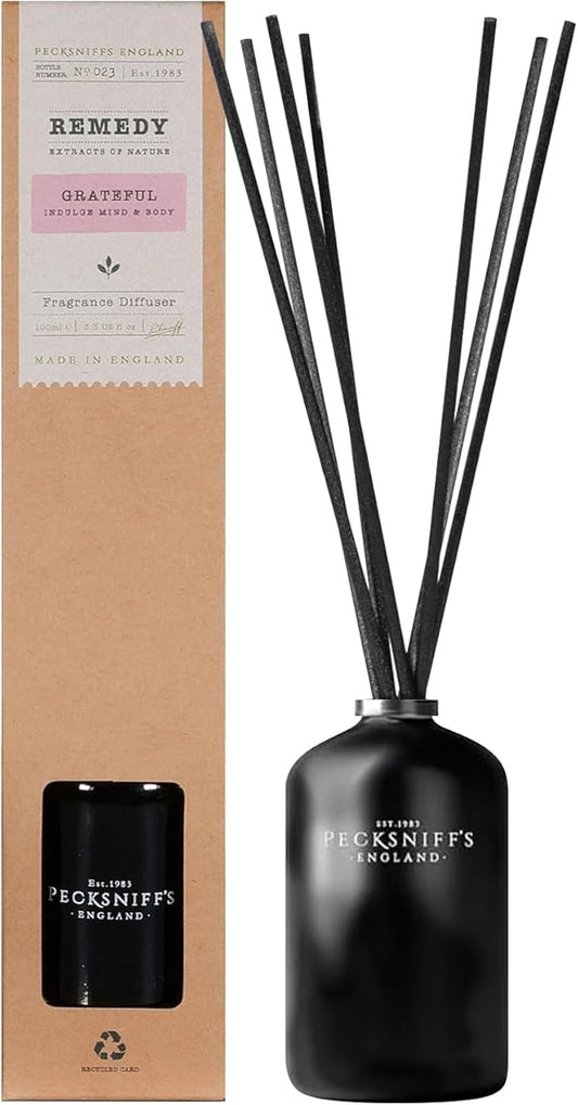 Pecksniff's Grateful Fragrance Diffuser | Indulgent Mind & Body Experience | with Long-Lasting Natural Extracts, Six Rattan Reeds | Made in England, 100ml / 3.3 Fl oz | Home Aroma Solution